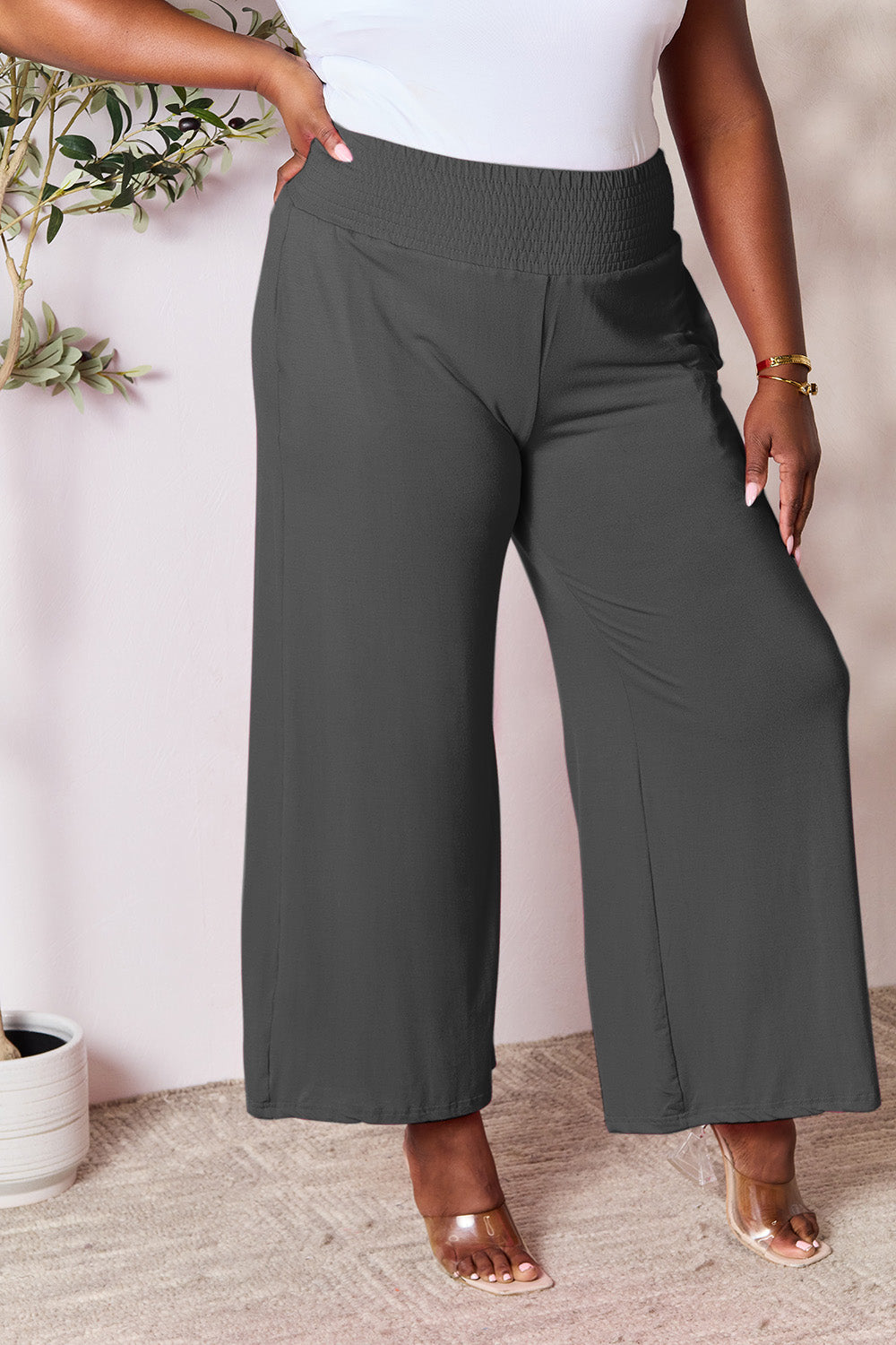 Double Take Full Size Smocked Wide Waistband Wide Leg Pants - In Style Chics Boutique LLC