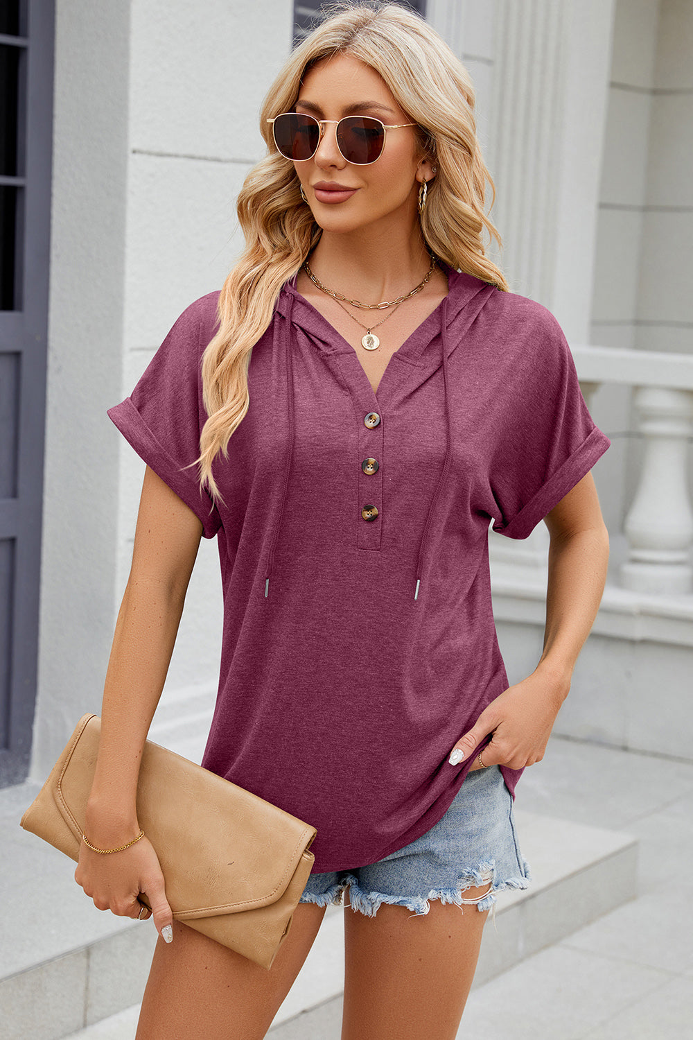 Half Button Drawstring Short Sleeve Hooded T-Shirt - More Colors! - In Style Chics Boutique LLC