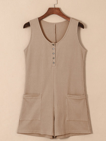 Waffle-Knit Half Button Sleeveless Romper with Pockets - More Colors! - In Style Chics Boutique LLC