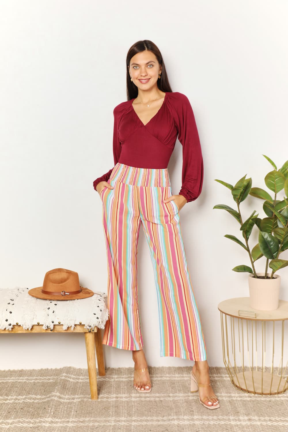 Striped Smocked Waist Pants with Pockets - In Style Chics Boutique LLC