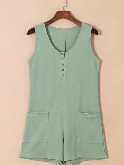 Waffle-Knit Half Button Sleeveless Romper with Pockets - More Colors! - In Style Chics Boutique LLC
