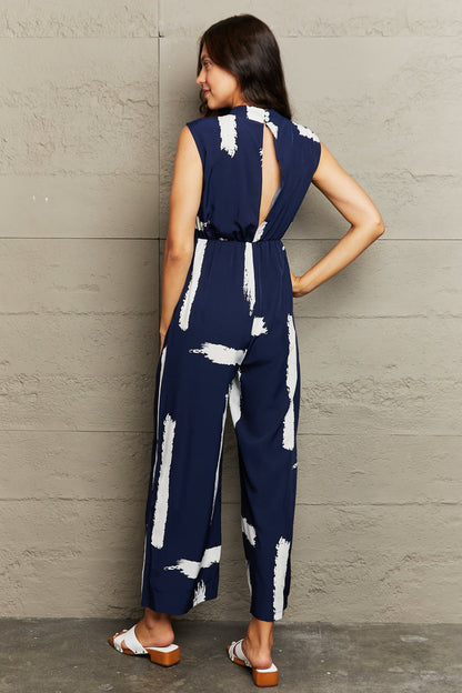 Printed Round Neck Cutout Jumpsuit with Pockets - In Style Chics Boutique LLC