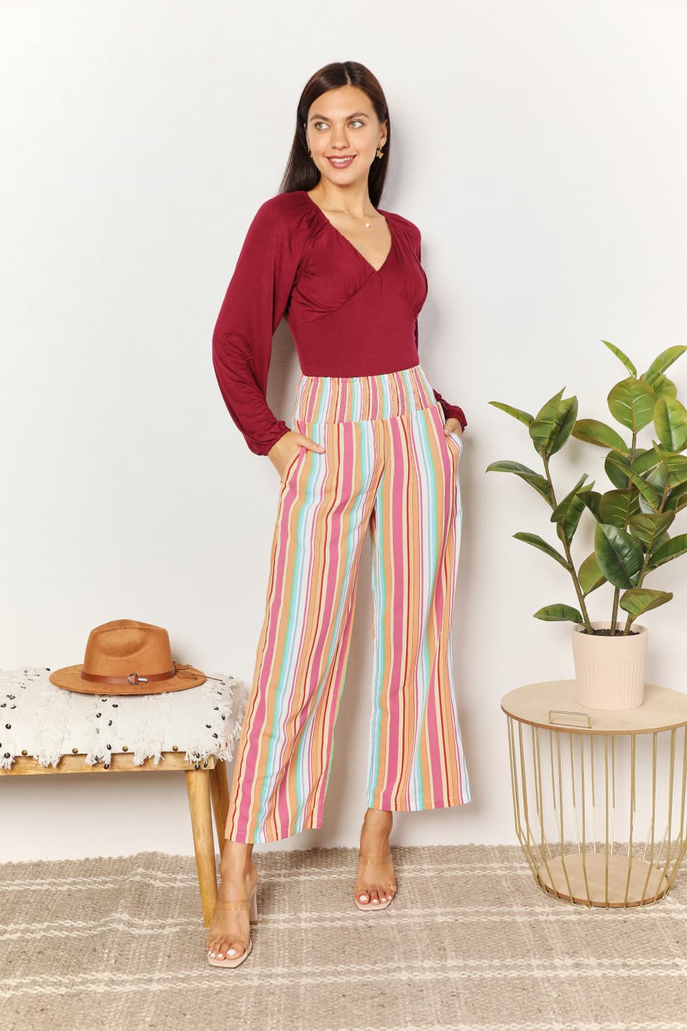Striped Smocked Waist Pants with Pockets - In Style Chics Boutique LLC