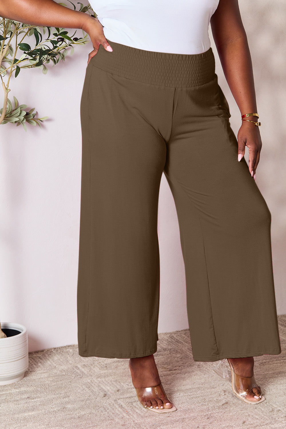 Double Take Full Size Smocked Wide Waistband Wide Leg Pants - In Style Chics Boutique LLC