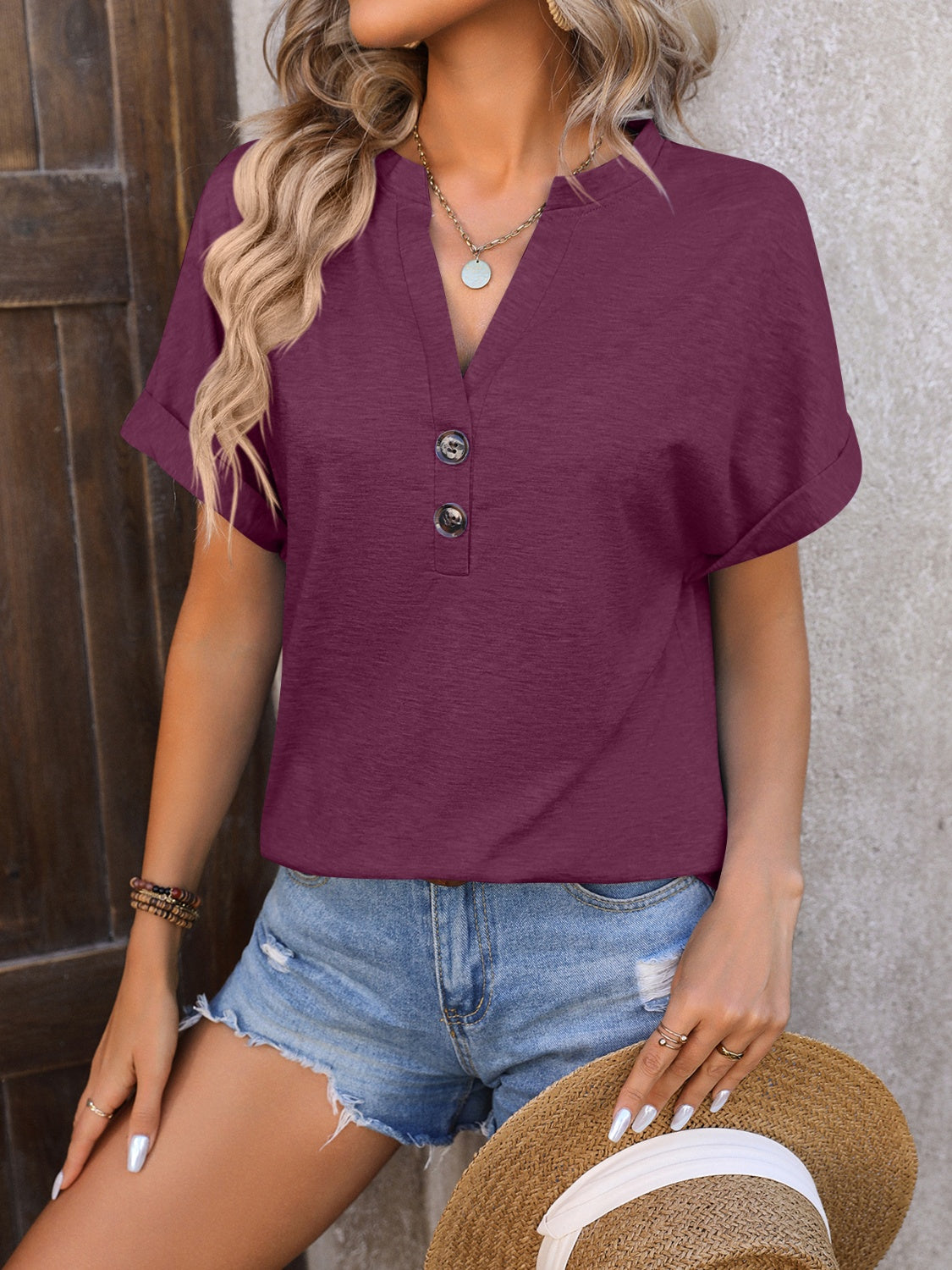 Notched Buttoned Short Sleeve T-Shirt - More Colors! - In Style Chics Boutique LLC